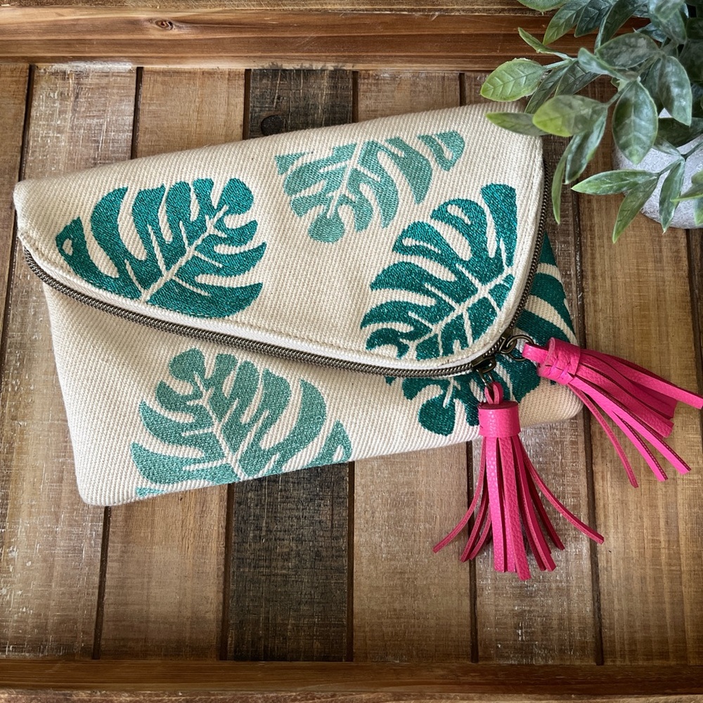 Boho Canvas Foldover Clutch, Pink Lining by Francesca Couture Crossbody